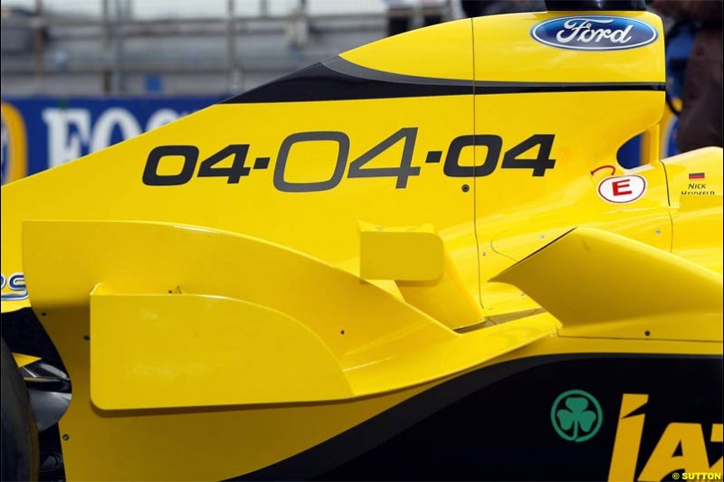 The Jordan EJ14 breaks cover in Silverstone, England. February 4th 2004.