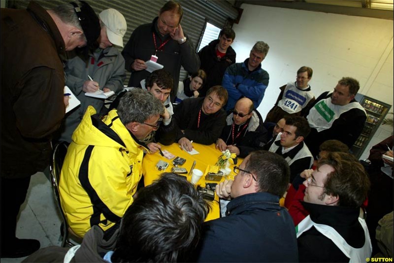 Eddie Jordan meets the press. The Jordan EJ14 breaks cover in Silverstone, England. February 4th 2004.