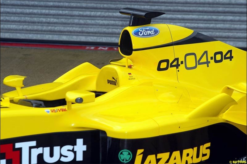 The Jordan EJ14 breaks cover in Silverstone, England. February 4th 2004.