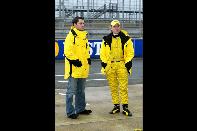 Timo Glock and Nick Heidfeld at Silverstone. February 2 2004. 