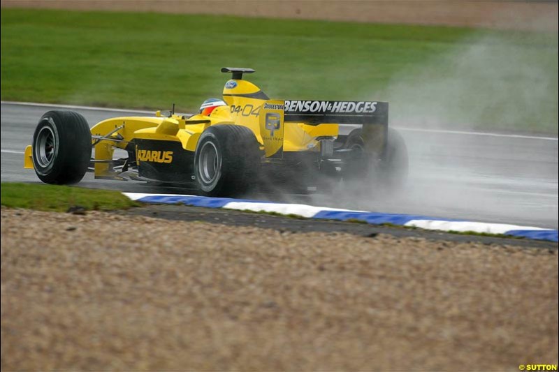 The new Jordan-Ford EJ14 breaks cover at the Silverstone circuit with Nick Heidfeld at the wheel. February 2 2004.
