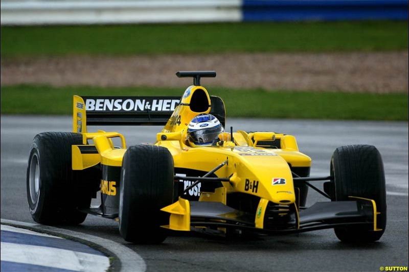 The new Jordan-Ford EJ14 breaks cover at the Silverstone circuit with Nick Heidfeld at the wheel. February 2 2004.