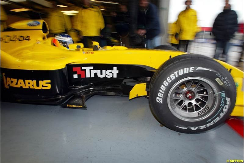 The new Jordan-Ford EJ14 breaks cover at the Silverstone circuit with Nick Heidfeld at the wheel. February 2 2004.
