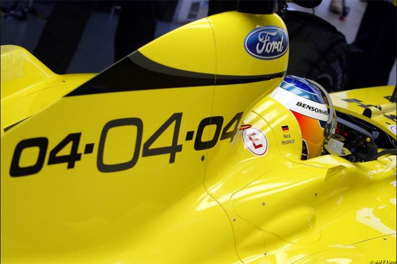 The new Jordan-Ford EJ14 breaks cover at the Silverstone circuit with Nick Heidfeld at the wheel. February 2 2004.