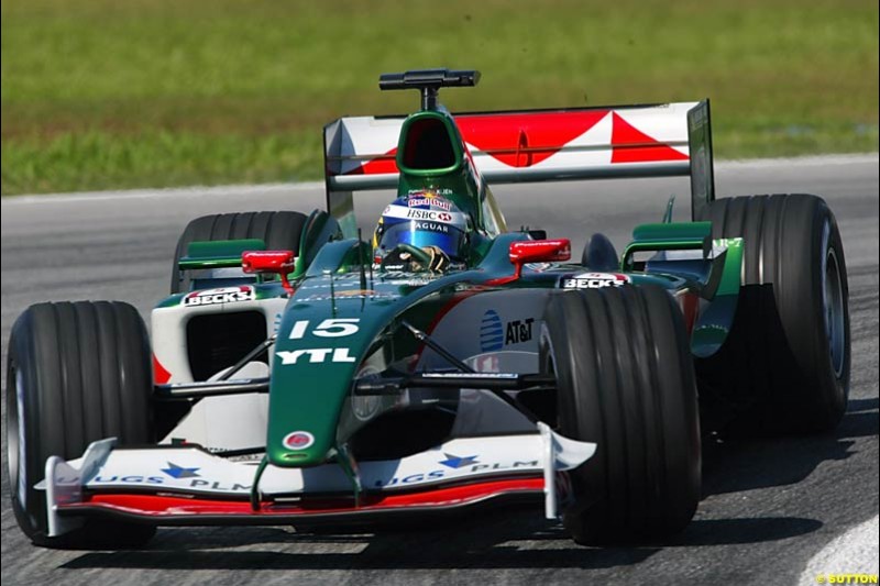 Christian Klien, Jaguar. Saturday practice for the Malaysian Grand Prix. Sepang, Kuala Lumpur, Malaysia. March 20th 2004.