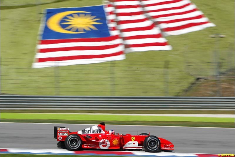 Rubens Barrichello, Ferrari. Saturday practice for the Malaysian Grand Prix. Sepang, Kuala Lumpur, Malaysia. March 20th 2004.