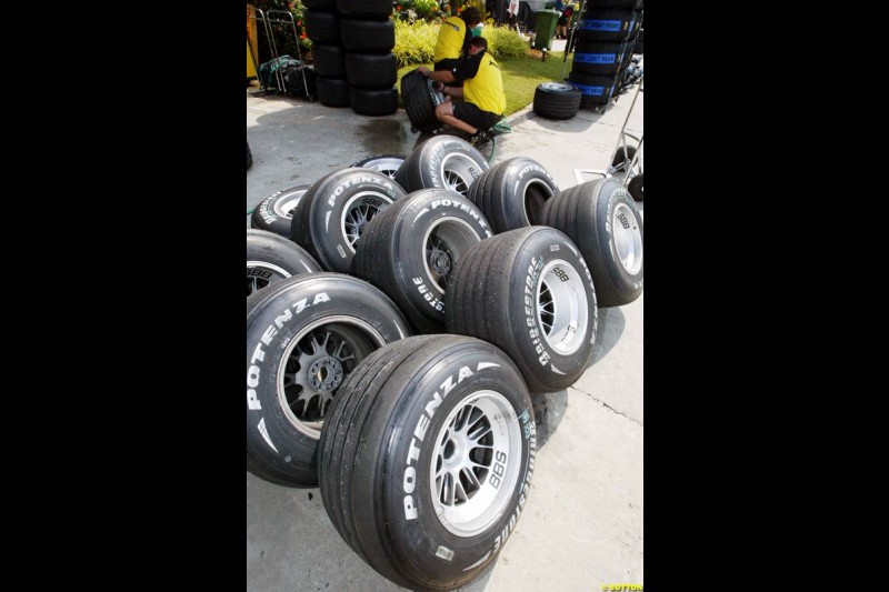 Used Bridgestone tyres used by Jordan. Saturday practice for the Malaysian Grand Prix. Sepang, Kuala Lumpur, Malaysia. March 20th 2004.