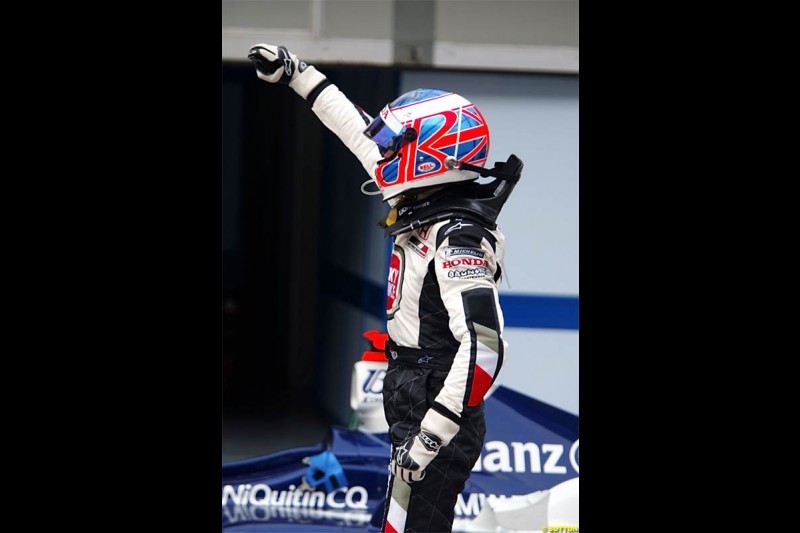 Jenson Button, BAR, celebrates third place. The Malaysian Grand Prix. Sepang, Kuala Lumpur, Malaysia. March 21st 2004.