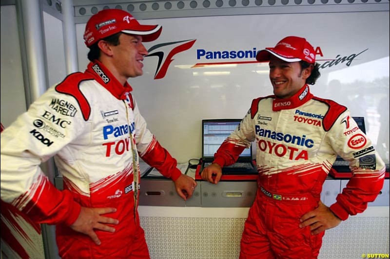 Toyota drivers Olivier Panis and Cristiano da Matta. The Malaysian Grand Prix. Sepang, Kuala Lumpur, Malaysia. March 21st 2004. 
