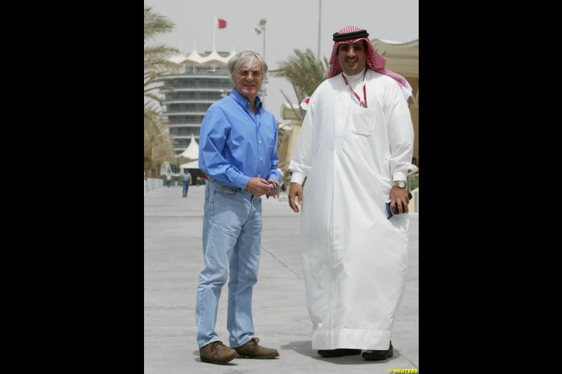 Bernie Ecclestone with Mohammed Al Khalifa, chairman of the Bahrain Grand Prix, Bahrain International Circuit. April 1st, 2004.