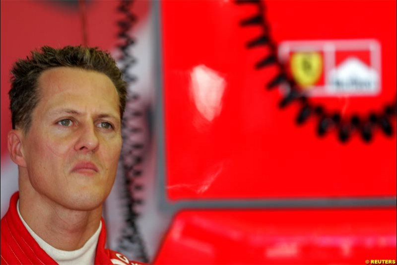 Michael Schumacher, Ferrari. Saturday qualifying for the Bahrain Grand Prix. Bahrain International Circuit, April 3rd 2004.