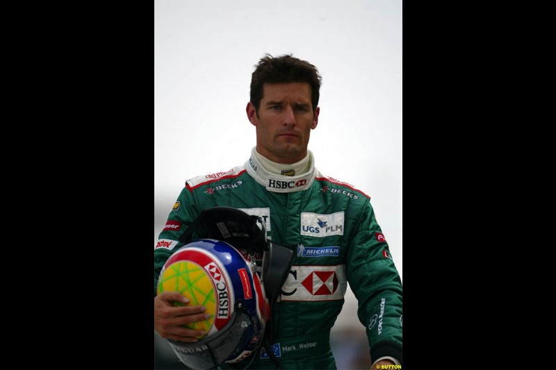 Mark Webber, Jaguar. Saturday qualifying for the Bahrain Grand Prix. Bahrain International Circuit, April 3rd 2004.