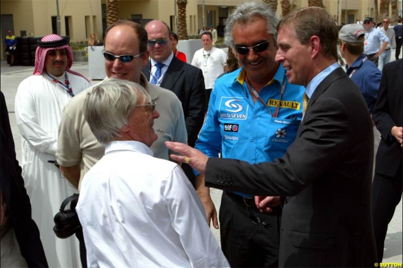 Bernie Ecclestone, Flavio Briatore, Prince Albert of Monaco. Saturday qualifying for the Bahrain Grand Prix. Bahrain International Circuit, April 3rd 2004.