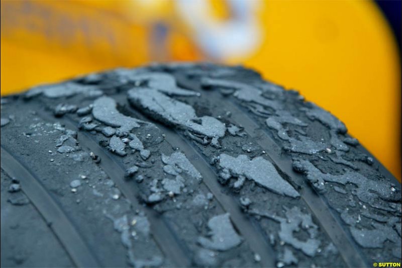 Worn out Michelin tyre on the Renault after the race The Bahrain Grand Prix. Bahrain International Circuit, April 4th 2004.