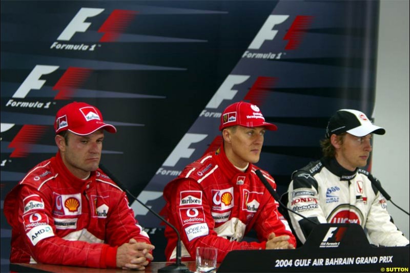 The Post Race Press Conference. 1st, Michael Schumacher, Ferrari; 2nd, Rubens Barrichello, Ferrari; 3rd, Jenson Button, BAR. The Bahrain Grand Prix. Bahrain International Circuit, April 4th 2004.