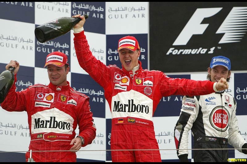 The Podium. 1st, Michael Schumacher, Ferrari; 2nd, Rubens Barrichello, Ferrari; 3rd, Jenson Button, BAR. The Bahrain Grand Prix. Bahrain International Circuit, April 4th 2004.