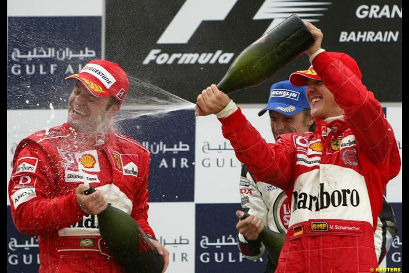 The Podium. 1st, Michael Schumacher, Ferrari; 2nd, Rubens Barrichello, Ferrari; 3rd, Jenson Button, BAR. The Bahrain Grand Prix. Bahrain International Circuit, April 4th 2004.