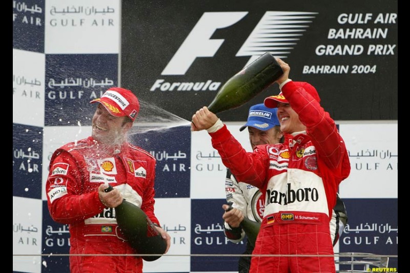 The Podium. 1st, Michael Schumacher, Ferrari; 2nd, Rubens Barrichello, Ferrari; 3rd, Jenson Button, BAR. The Bahrain Grand Prix. Bahrain International Circuit, April 4th 2004.
