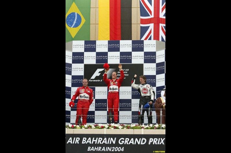 The Podium. 1st, Michael Schumacher, Ferrari; 2nd, Rubens Barrichello, Ferrari; 3rd, Jenson Button, BAR. The Bahrain Grand Prix. Bahrain International Circuit, April 4th 2004.