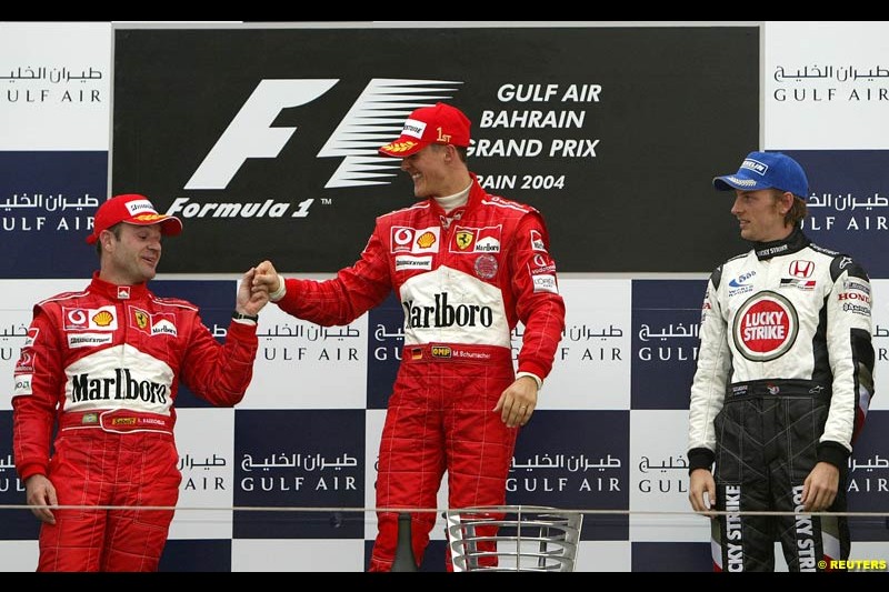The Podium. 1st, Michael Schumacher, Ferrari; 2nd, Rubens Barrichello, Ferrari; 3rd, Jenson Button, BAR. The Bahrain Grand Prix. Bahrain International Circuit, April 4th 2004.