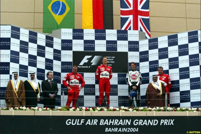 The Podium. 1st, Michael Schumacher, Ferrari; 2nd, Rubens Barrichello, Ferrari; 3rd, Jenson Button, BAR. The Bahrain Grand Prix. Bahrain International Circuit, April 4th 2004.