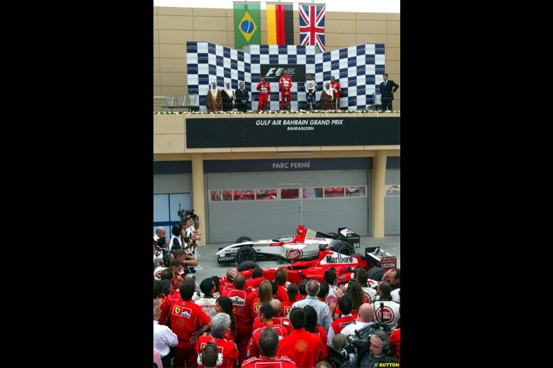 The Podium. 1st, Michael Schumacher, Ferrari; 2nd, Rubens Barrichello, Ferrari; 3rd, Jenson Button, BAR. The Bahrain Grand Prix. Bahrain International Circuit, April 4th 2004.