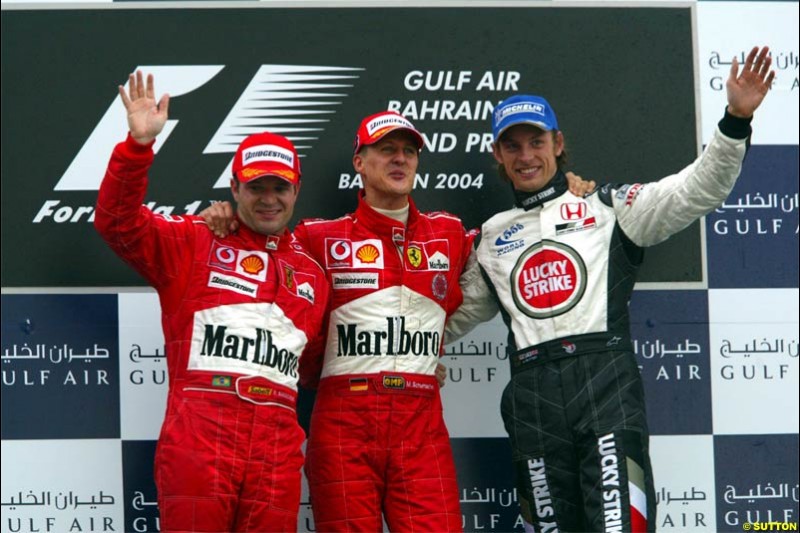 The Podium. 1st, Michael Schumacher, Ferrari; 2nd, Rubens Barrichello, Ferrari; 3rd, Jenson Button, BAR. The Bahrain Grand Prix. Bahrain International Circuit, April 4th 2004.