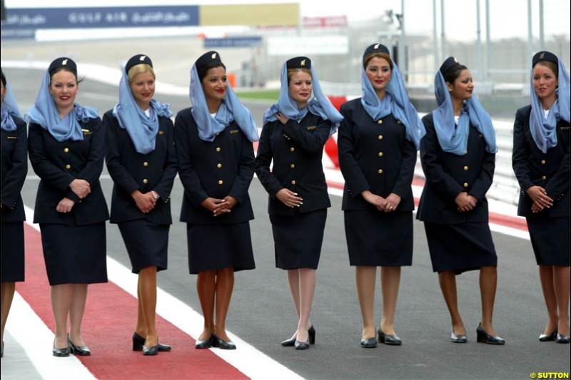 Gulf Air Stewardesses. The Bahrain Grand Prix. Bahrain International Circuit, April 4th 2004.