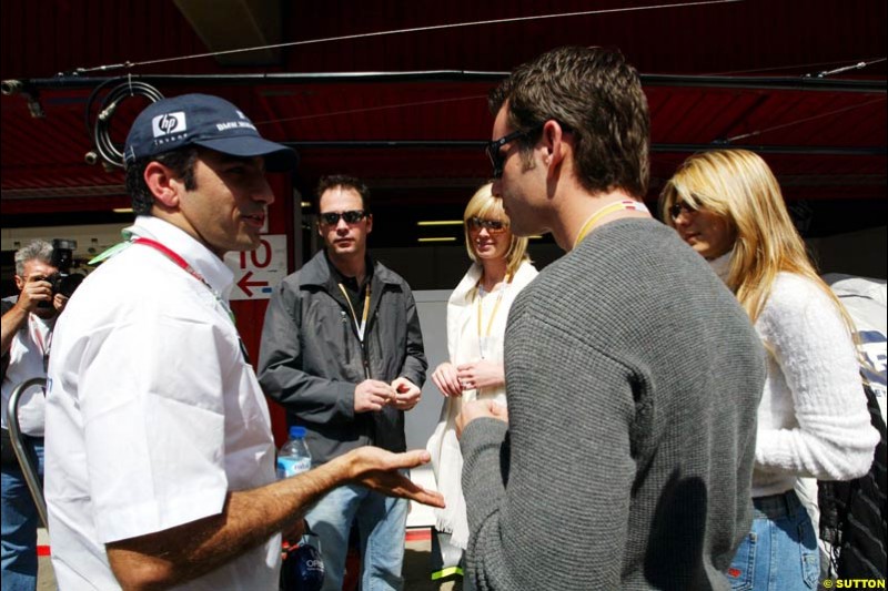 Marc Gene, BMW-Williams, speaks to NASCAR drivers Jeff Gordon and Jimmie Johnson,  Spanish GP, Friday May 7th, 2004.