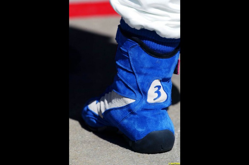 Juan Pablo Montoya's boots, Spanish GP, Friday May 7th, 2004.