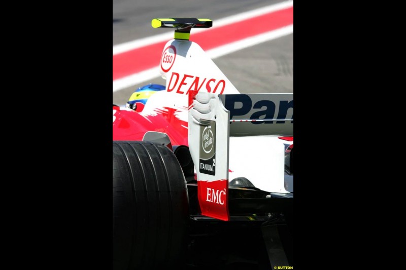 Toyota rear wing detail, Spanish GP, Friday May 7th, 2004.