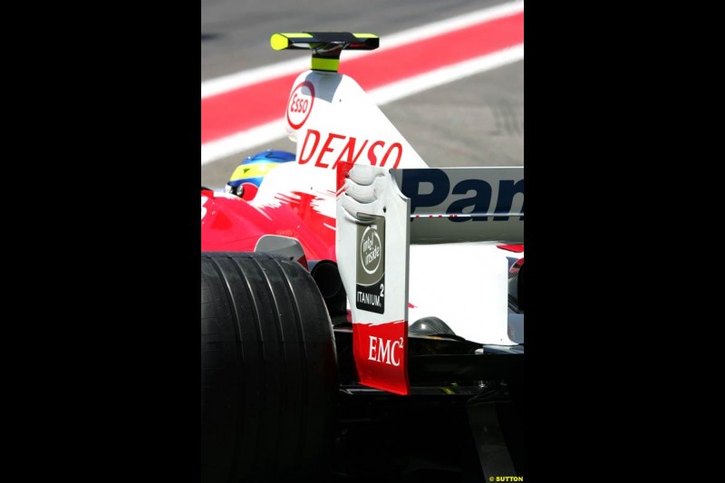 Toyota rear wing detail,  Spanish GP, Friday May 7th, 2004.