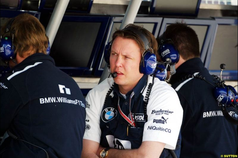 Engineer Sam Michaels, BMW-Williams, Spanish GP, Friday May 7th, 2004.