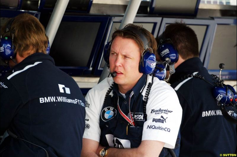 Engineer Sam Michaels, BMW-Williams,  Spanish GP, Friday May 7th, 2004.