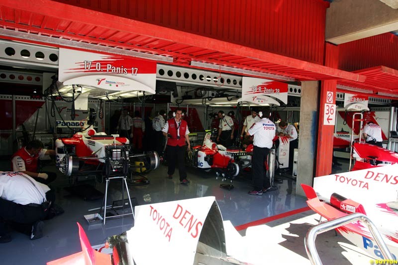 Toyota garage,  Spanish GP, Friday May 7th, 2004.