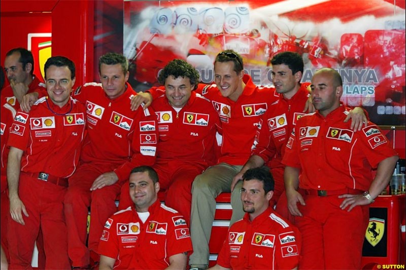 Michael Schumacher, Ferrari, celebrates his 200th Grand Prix this weekend. Spanish Grand Prix Saturday. Circuit de Catalunya. Barcelona, Spain. May 8th 2004.