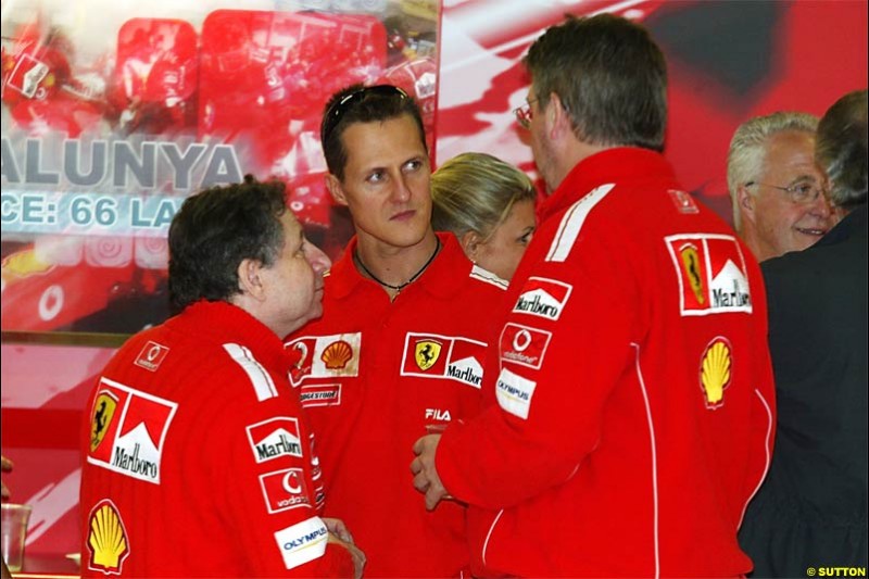 Michael Schumacher, Ferrari, celebrates his 200th Grand Prix this weekend. Spanish Grand Prix Saturday. Circuit de Catalunya. Barcelona, Spain. May 8th 2004.