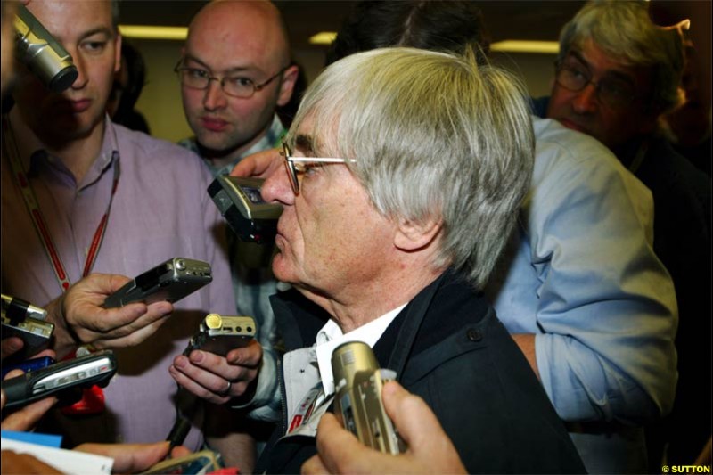 Bernie Ecclestone, F1 Supremo, during a press conference. Spanish Grand Prix Saturday. Circuit de Catalunya. Barcelona, Spain. May 8th 2004.