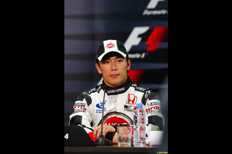 Takuma Sato, BAR, during the post qualifying press conference. Spanish Grand Prix Saturday. Circuit de Catalunya. Barcelona, Spain. May 8th 2004.