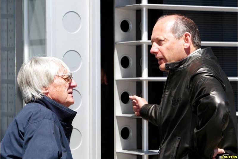 Ron Dennis, McLaren, talks with Bernie Ecclestone. Spanish Grand Prix Saturday. Circuit de Catalunya. Barcelona, Spain. May 8th 2004.