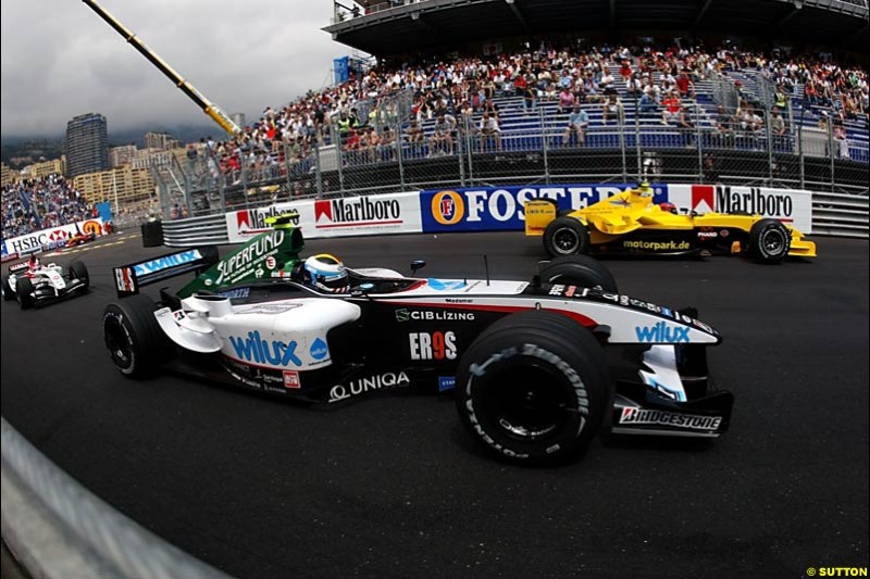 Bas Leinders, Minardi-Cosworth; Timo Glock, Jordan-Ford; Takuma Sato, BAR-Honda; Monaco GP, Thursday May 20th, 2004.