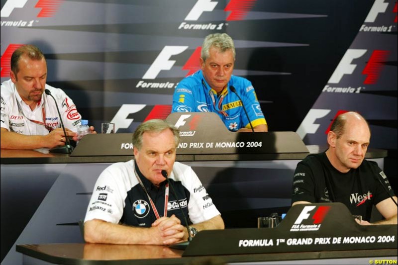 Patrick Head, BMW-Williams; Pat Symonds, Renault; Adrian Newey, Mclaren-Mercedes; Mike Gascoyne, Toyota; Monaco GP, Thursday May 20th, 2004.
