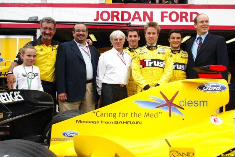 Eddie Jordan, Crown Prince Shaikh Salman of Bahrain, Bernie Ecclestone, Timo Glock, Nick Heidfeld, Giorgio Pantano, and HSH Prince Albert of Monaco;  Monaco GP, Thursday May 20th, 2004.