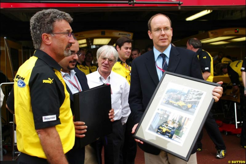 Eddie Jordan, Crown Prince Shaikh Salman of Bahrain, Bernie Ecclestone, and HSH Prince Albert of Monaco; Monaco GP, Thursday May 20th, 2004.
