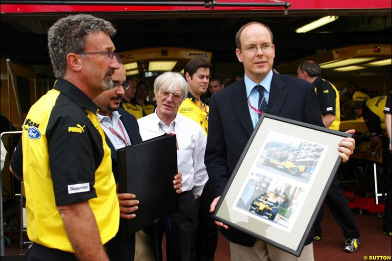 Eddie Jordan, Crown Prince Shaikh Salman of Bahrain, Bernie Ecclestone, and HSH Prince Albert of Monaco;  Monaco GP, Thursday May 20th, 2004.