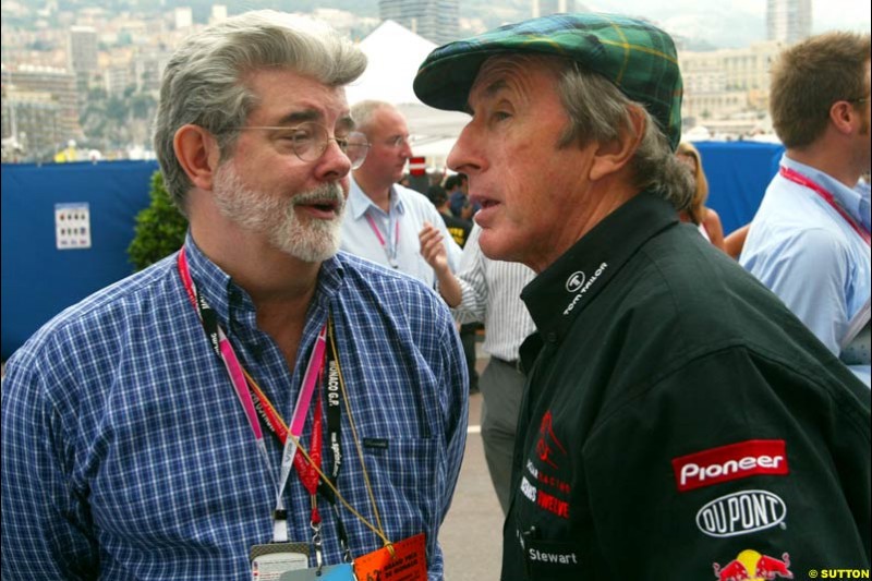 George Lucas  and   Sir Jackie Stewart,  Monaco GP, Saturday May 22nd, 2004.