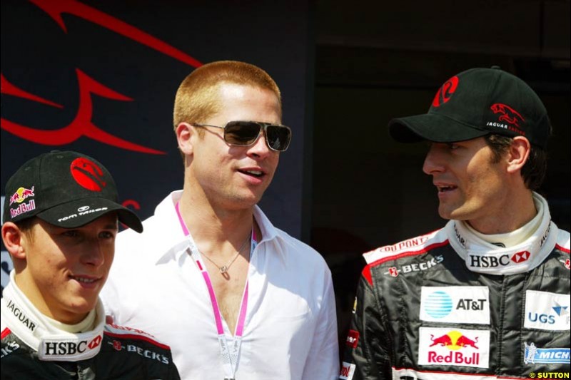Brad Pitt with the Jaguar drivers at the Monaco Grand Prix, Saturday 22nd May, 2004.