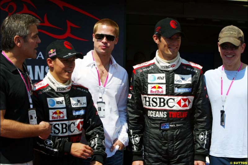 Actors George Clooney, Brad Pitt and Matt Damon with the Jaguar drivers at the Monaco Grand Prix, Saturday 22nd May, 2004.