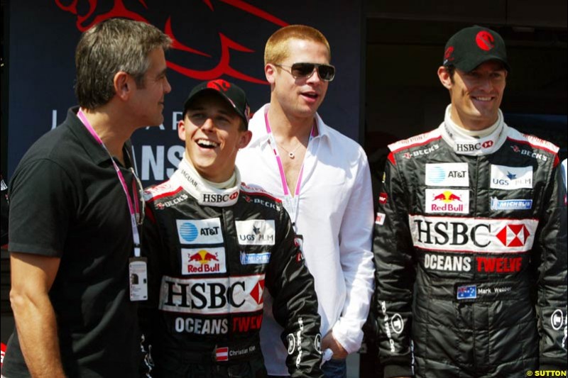 Actors George Clooney and Brad Pitt with the Jaguar drivers at the Monaco Grand Prix, Saturday 22nd May, 2004. 