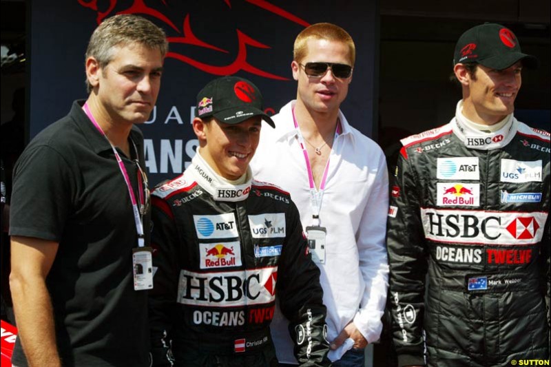 Actors George Clooney and Brad Pitt with the Jaguar drivers at the Monaco Grand Prix, Saturday 22nd May, 2004. 